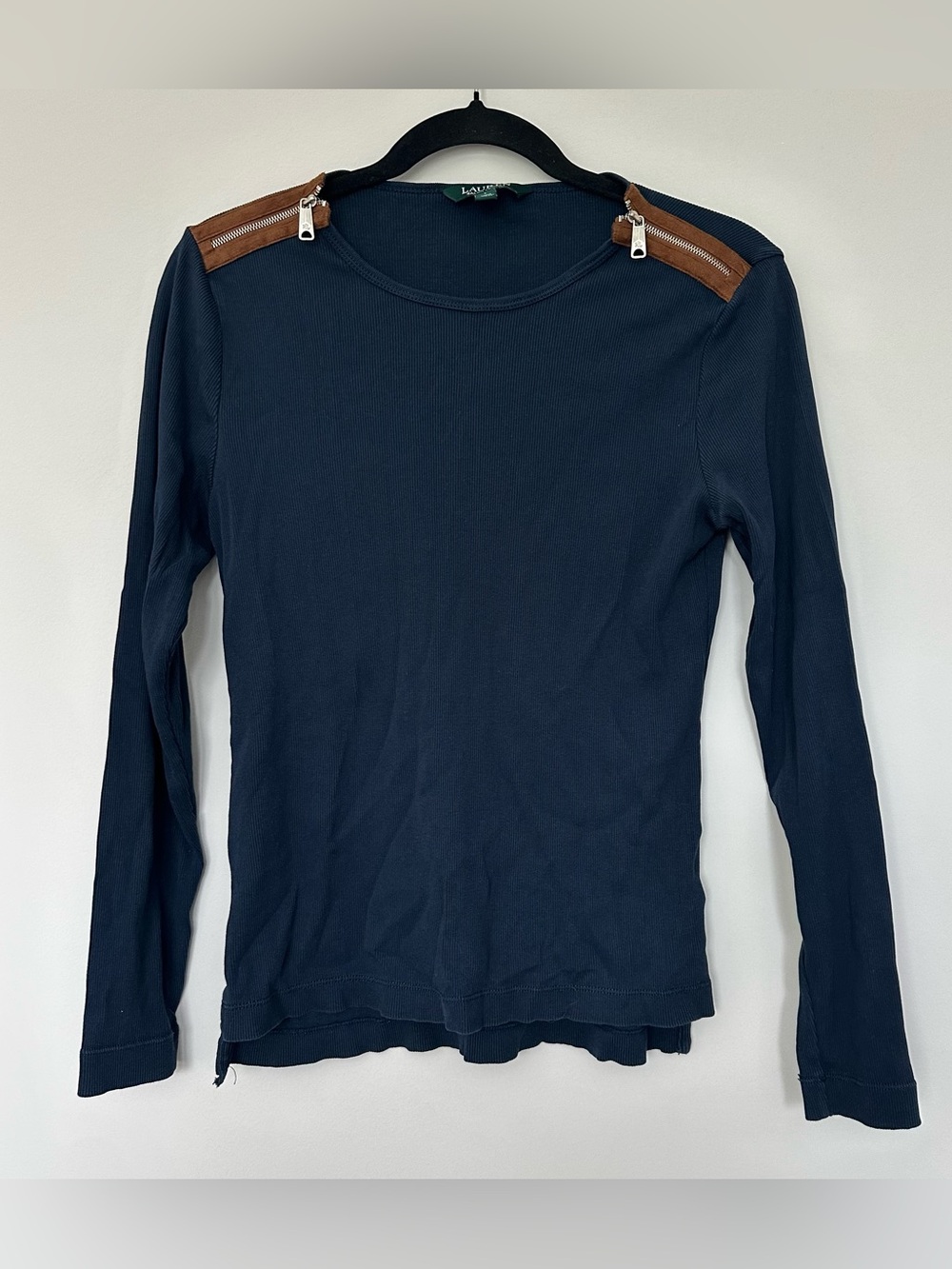 Lauren Ralph Lauren Shirt Women's Blue Ribbed Long Sleeve Crew Neck Zippers Sz L